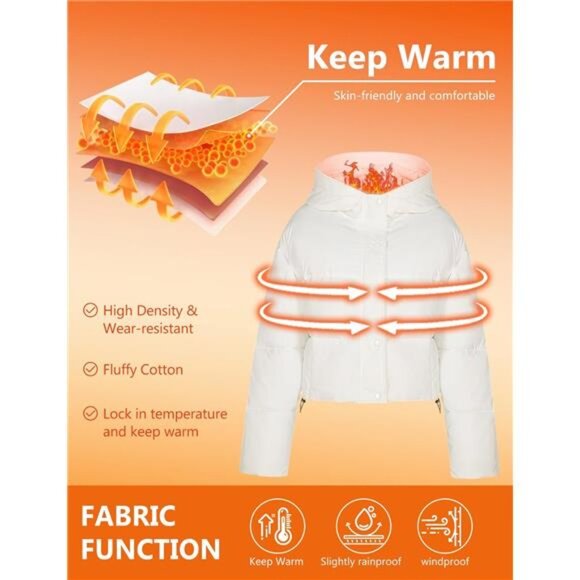 Womens Cropped Puffer Jacket Hooded Zip Up White - Picture 2 of 6